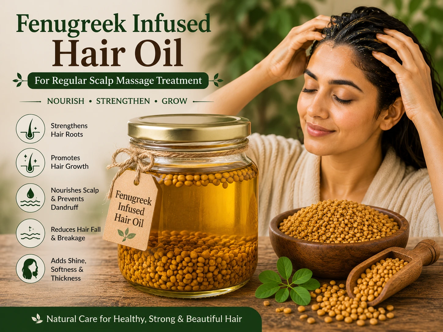 Fenugreek infused hair oil in glass jar with woman massaging scalp for healthy hair growth