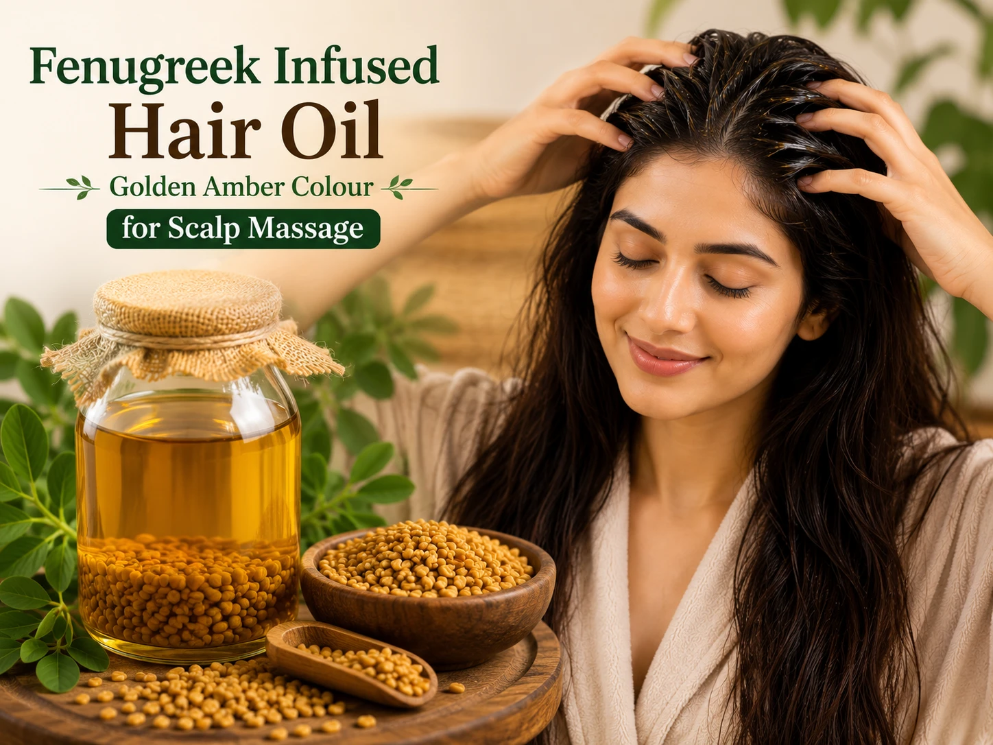 Fenugreek infused hair oil in glass jar with woman massaging scalp for healthy hair growth
