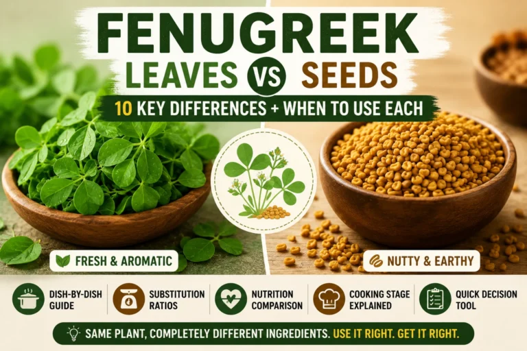 Fenugreek leaves vs fenugreek seeds comparison showing fresh methi leaves and golden methi dana seeds side by side