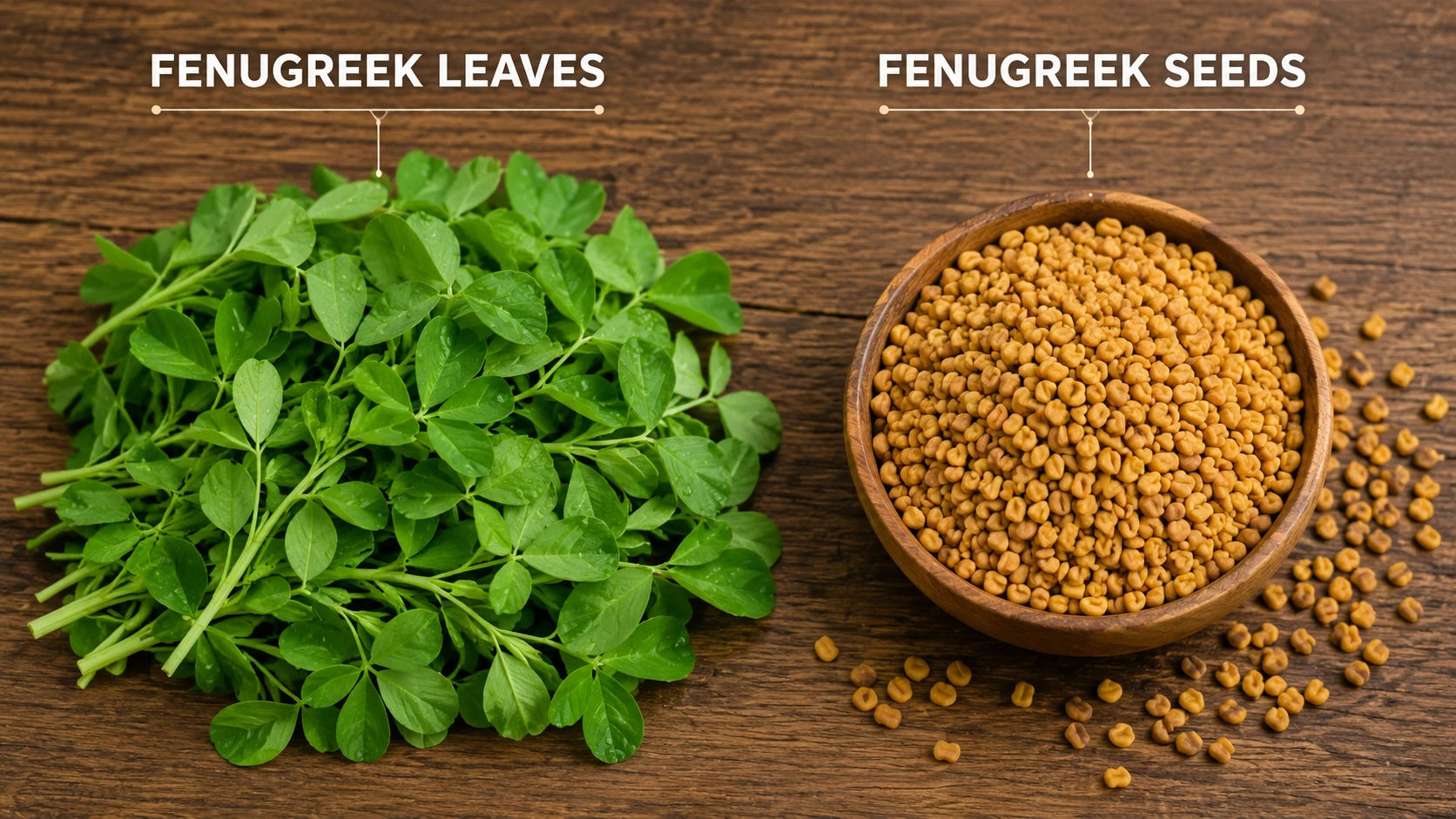 Fenugreek leaves vs fenugreek seeds comparison showing fresh methi leaves and golden methi dana seeds side by side