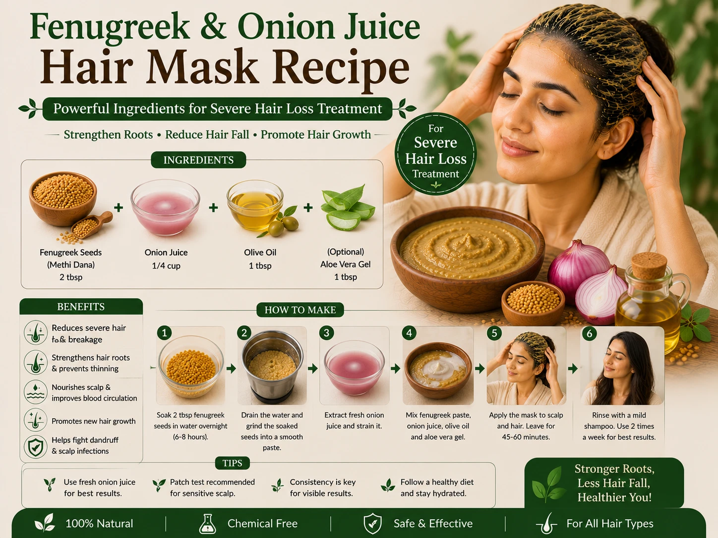 Fenugreek onion juice olive oil hair mask ingredients for severe hair loss treatment