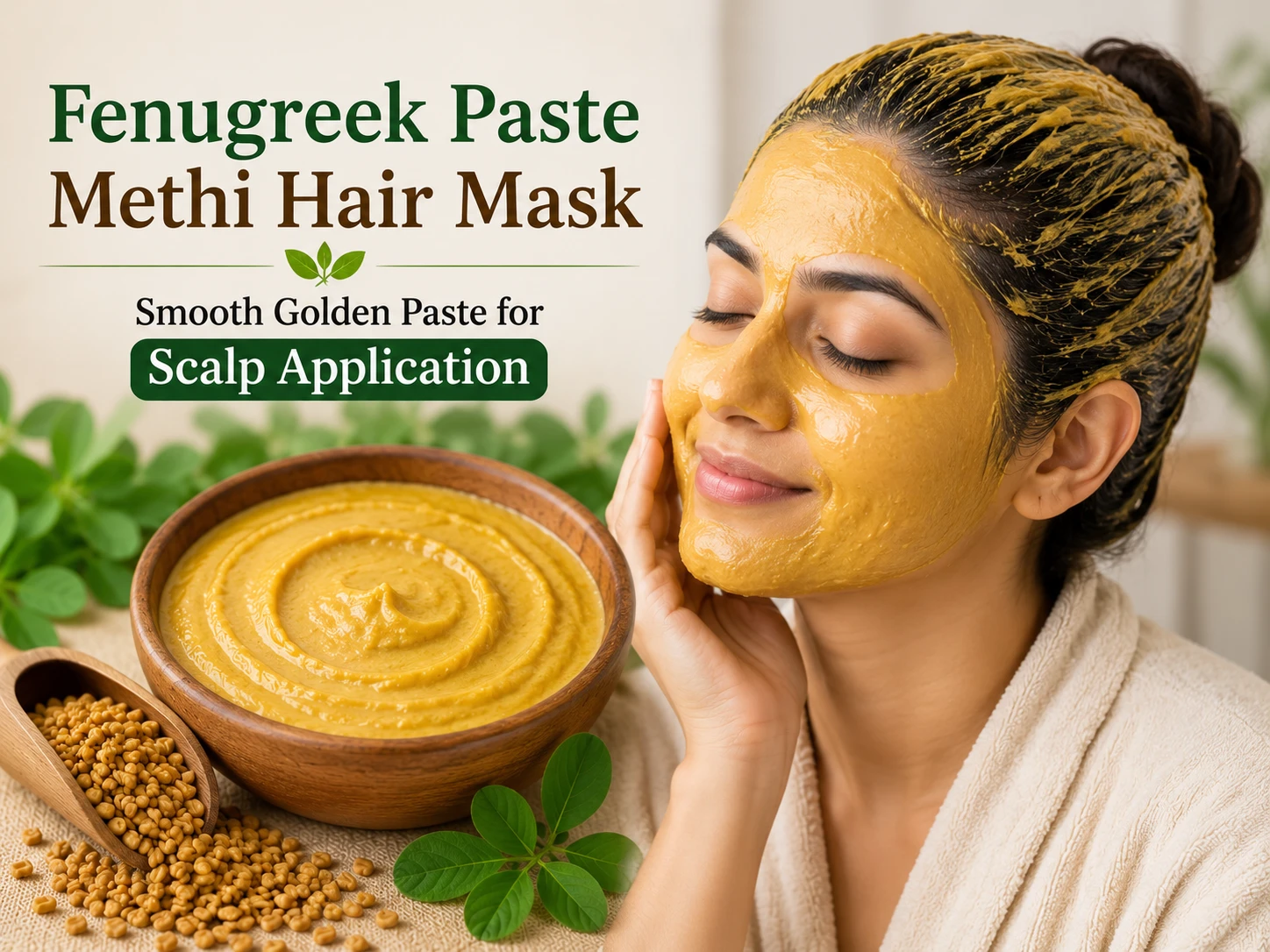 Smooth fenugreek paste methi hair mask applied on woman scalp for hair growth and dandruff treatment