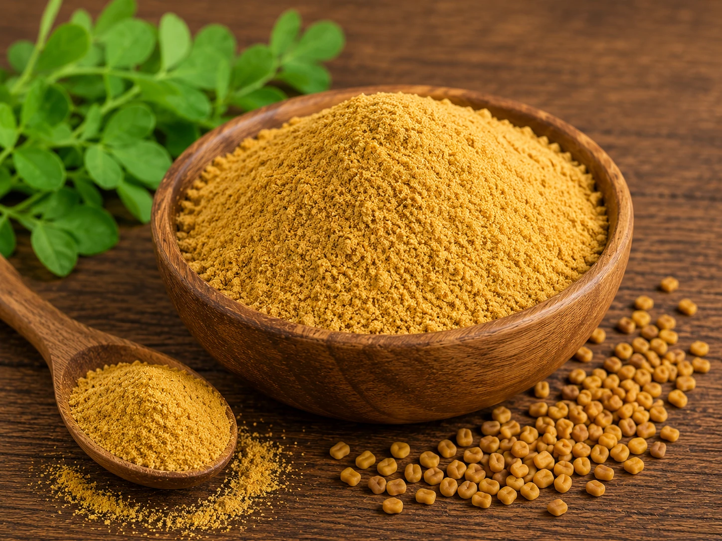 Fenugreek powder ground seeds fine golden amber powder for spice blends and supplements