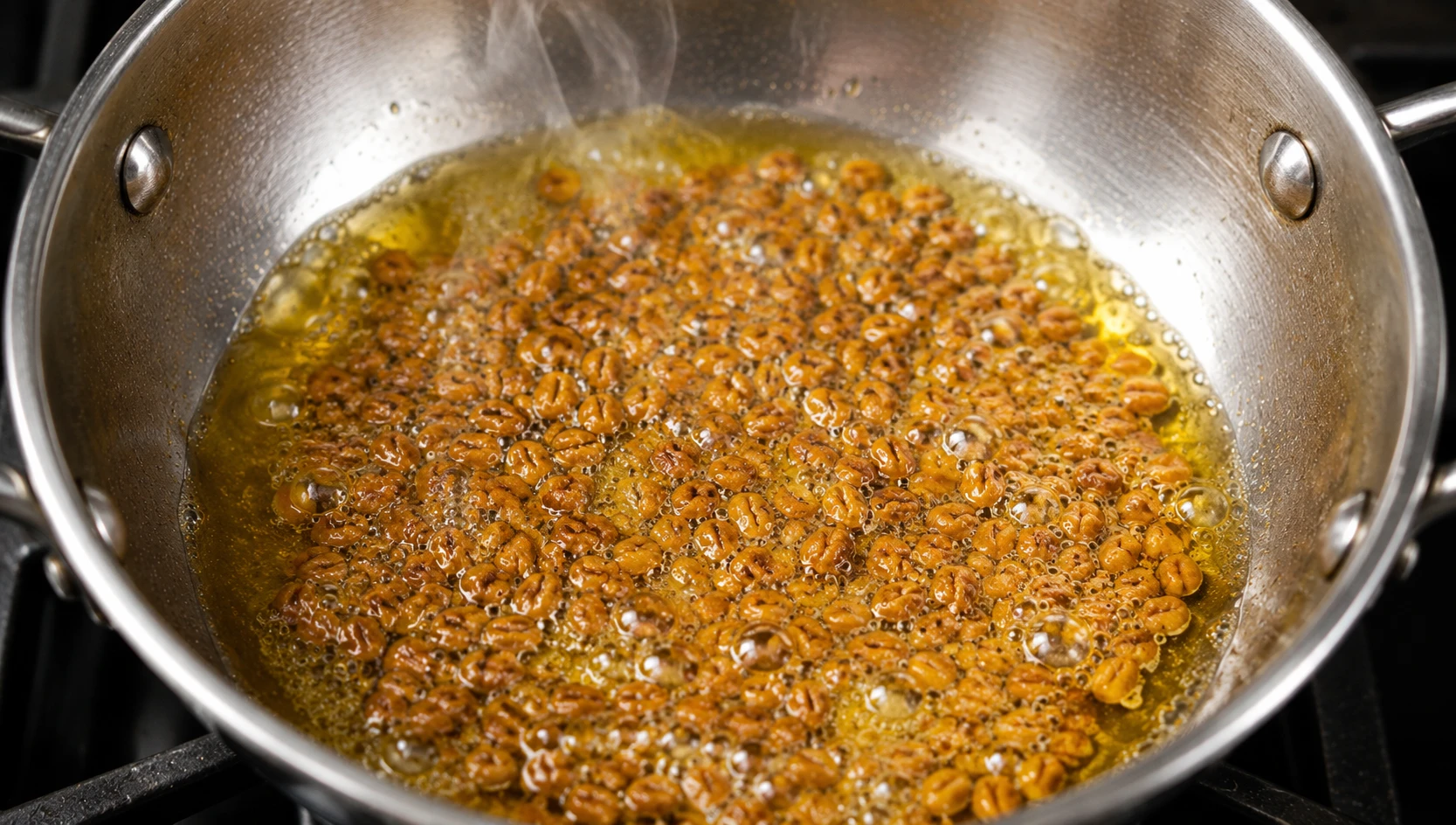 Fenugreek seeds bloomed and sizzling in hot golden ghee in a steel tadka pan — the classic Indian tempering technique that disperses bitter compounds through fat