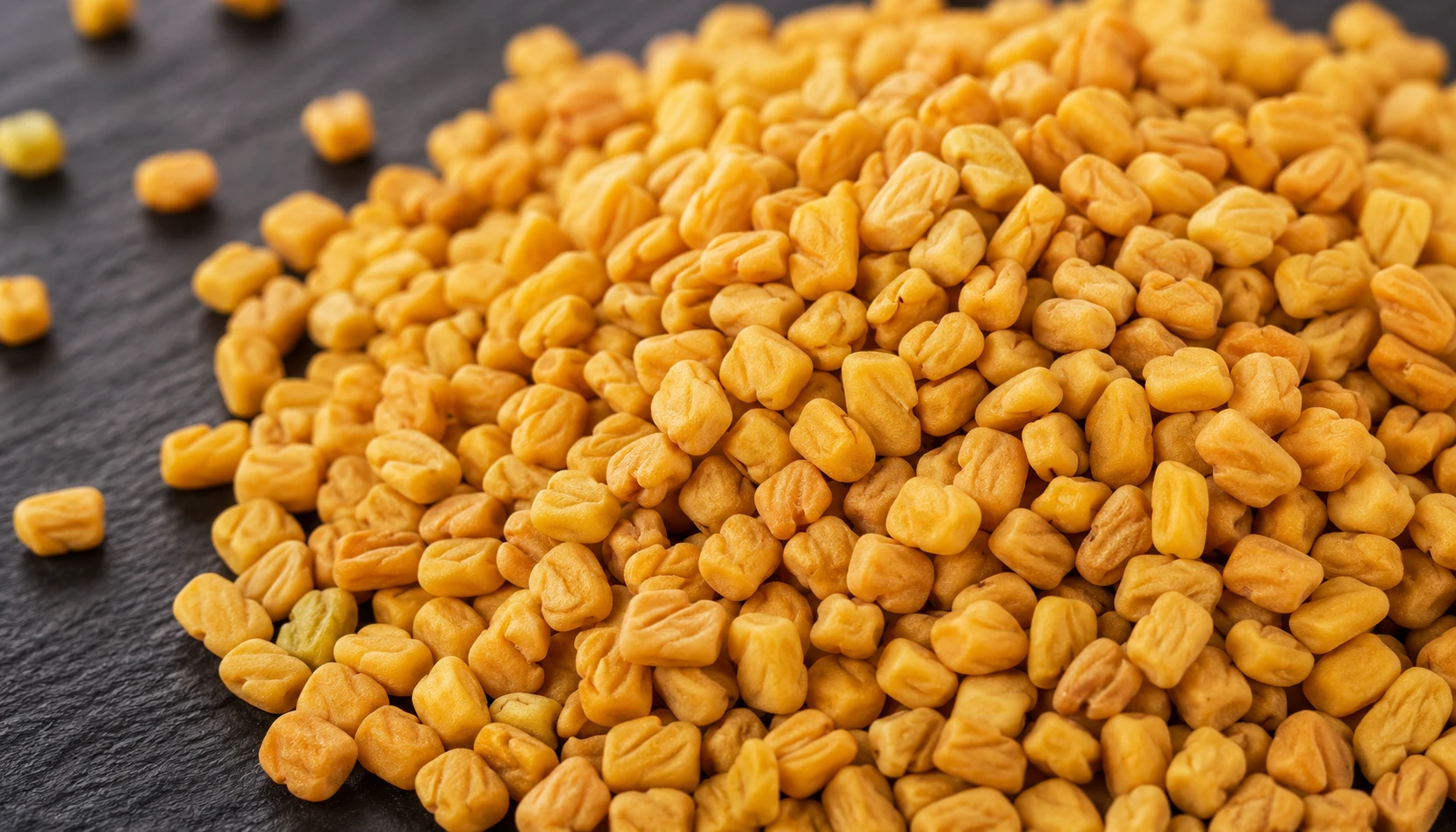 Close-up of golden fenugreek seeds (methi dana) showing their small cuboid shape and pale amber colour — the outer coat holds bitter alkaloids, the interior holds sotolone precursors
