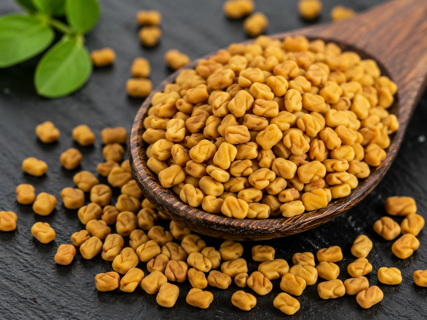Golden-brown fenugreek seeds macro close-up on dark slate surface