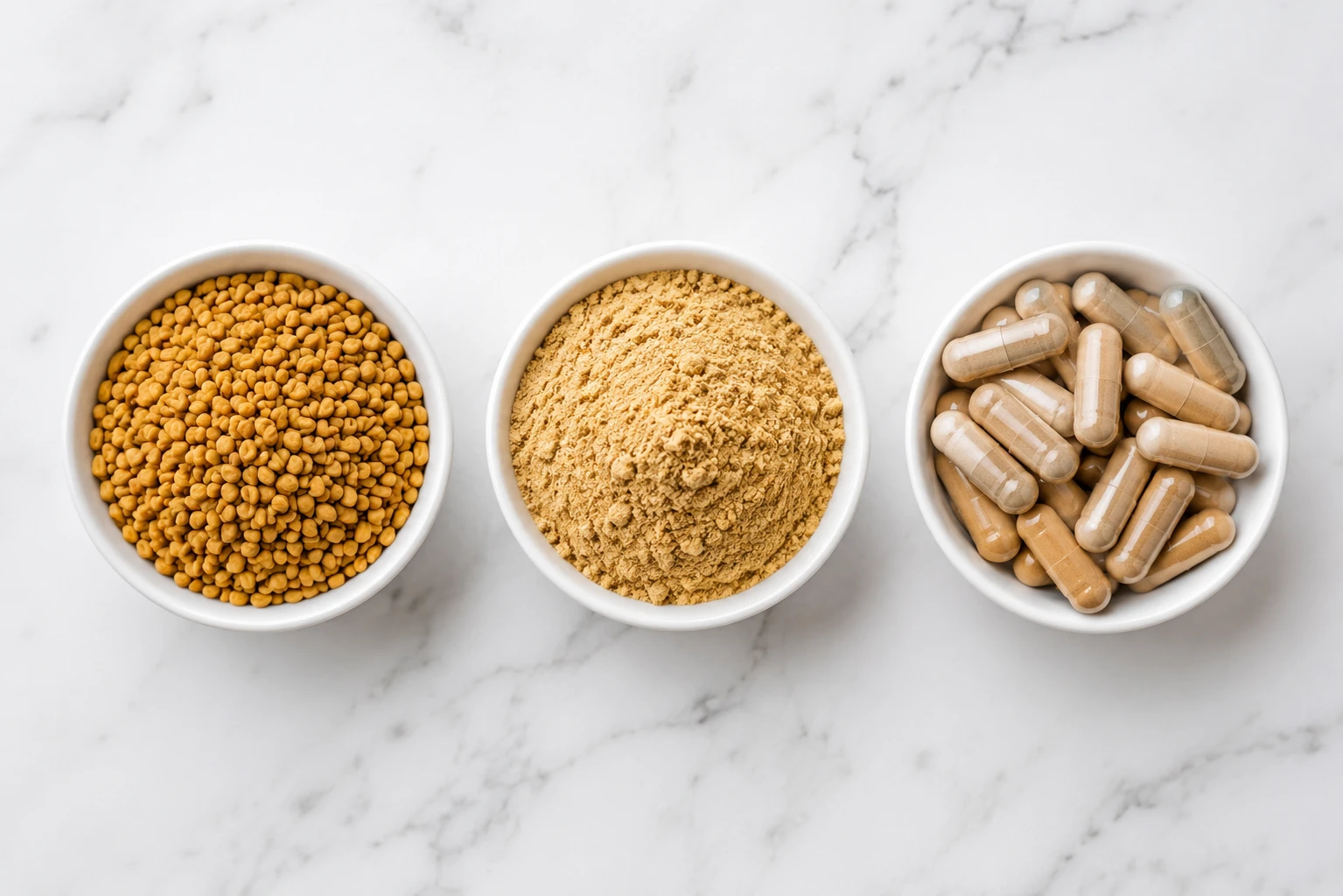 Whole fenugreek seeds, fenugreek powder and methi supplement capsules in ceramic bowls on white marble surface