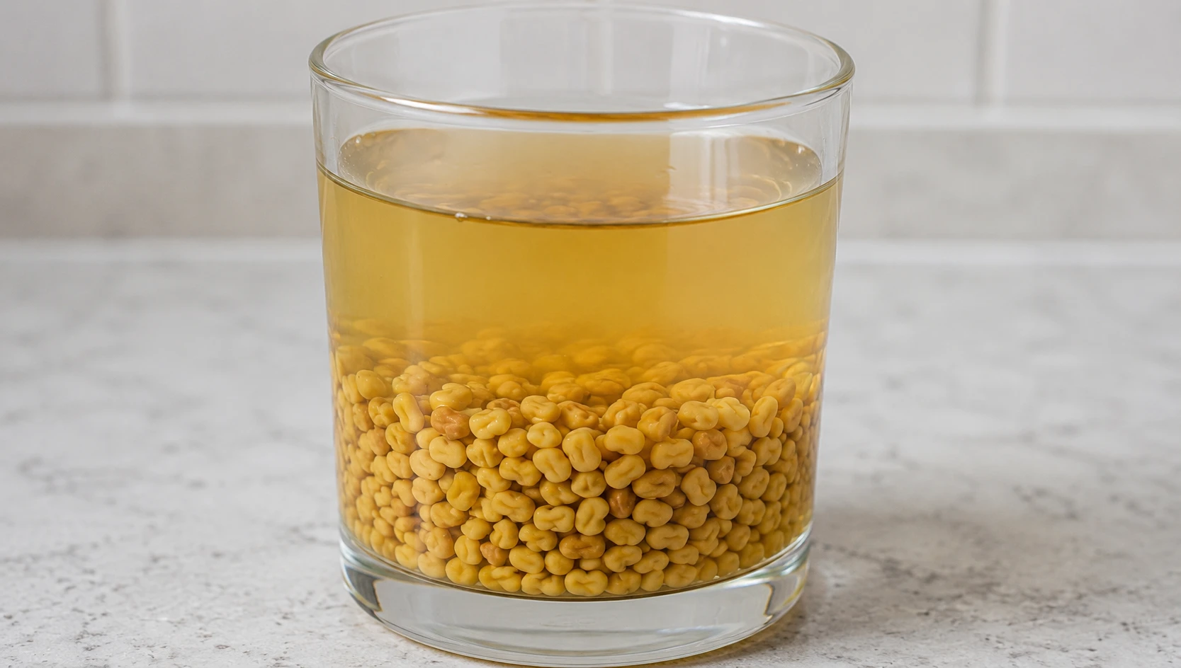 Fenugreek seeds soaked overnight in a glass of water, slightly swollen — the bitter alkaloids leach into the soaking water which is then discarded