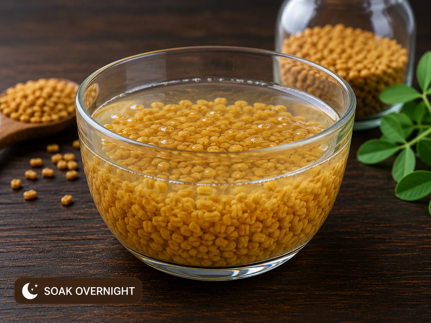 Fenugreek seeds soaking overnight in a glass bowl of water with gel coating forming around the seeds