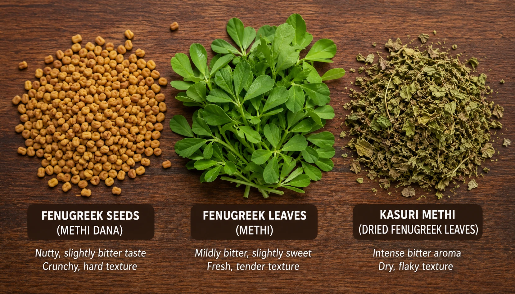 Side-by-side comparison on a wooden board: whole fenugreek seeds (methi dana), fresh fenugreek leaves (methi), and dried kasuri methi — showing their distinct colour, texture and form