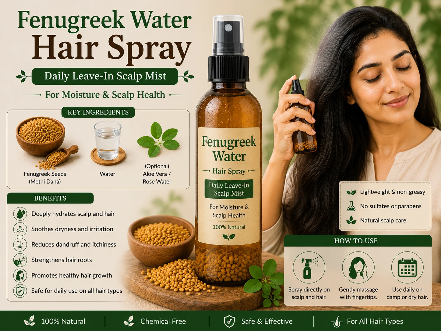 Fenugreek water spray bottle leave in scalp mist for hair hydration and scalp health