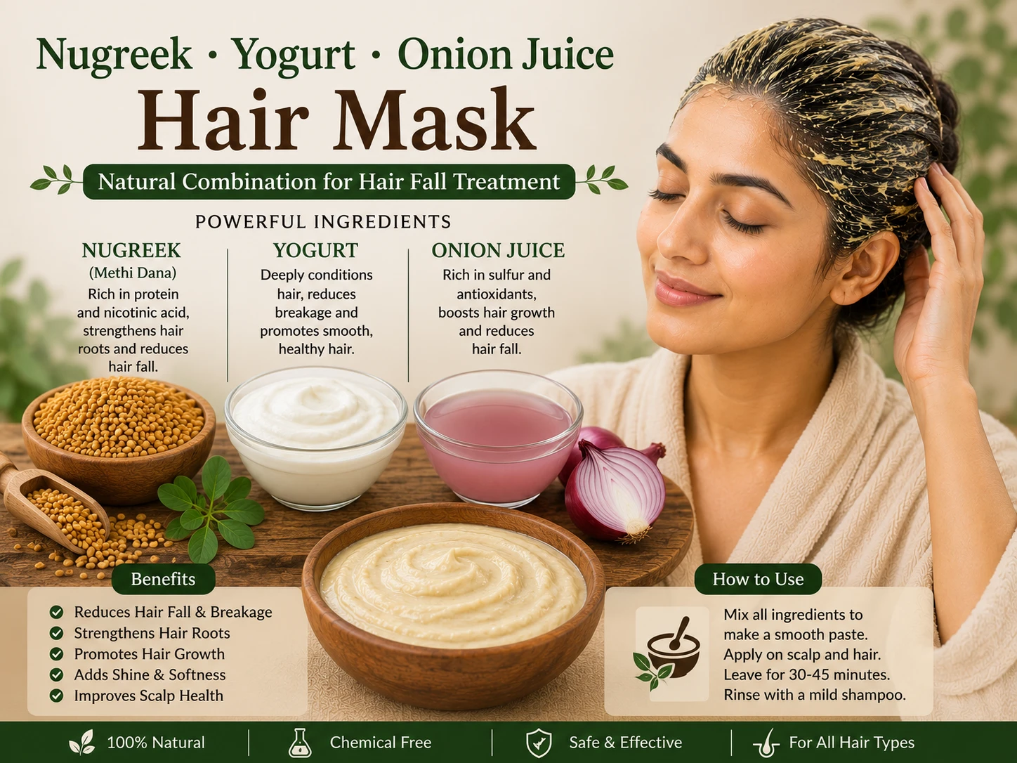 Fenugreek yogurt onion juice hair mask ingredients for severe hair fall treatment