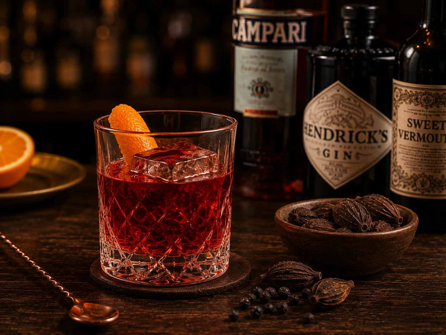 Finished black cardamom negroni served as aperitivo