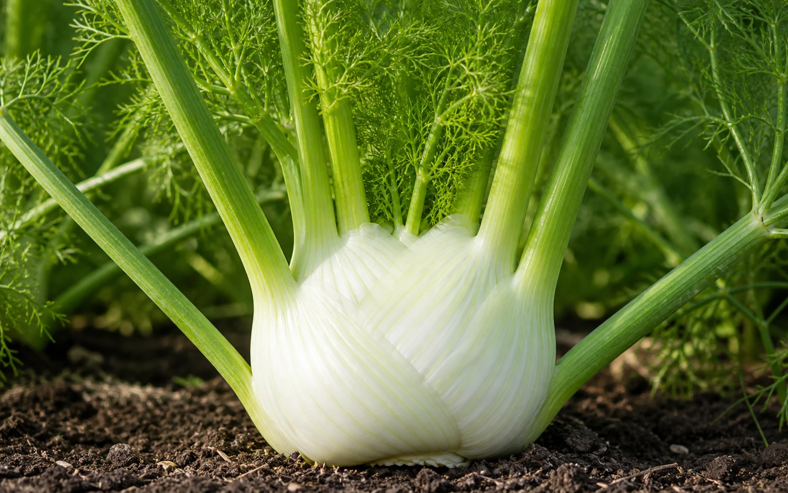 Fresh Florence fennel bulb growing in garden soil with green stalks and feathery leaves