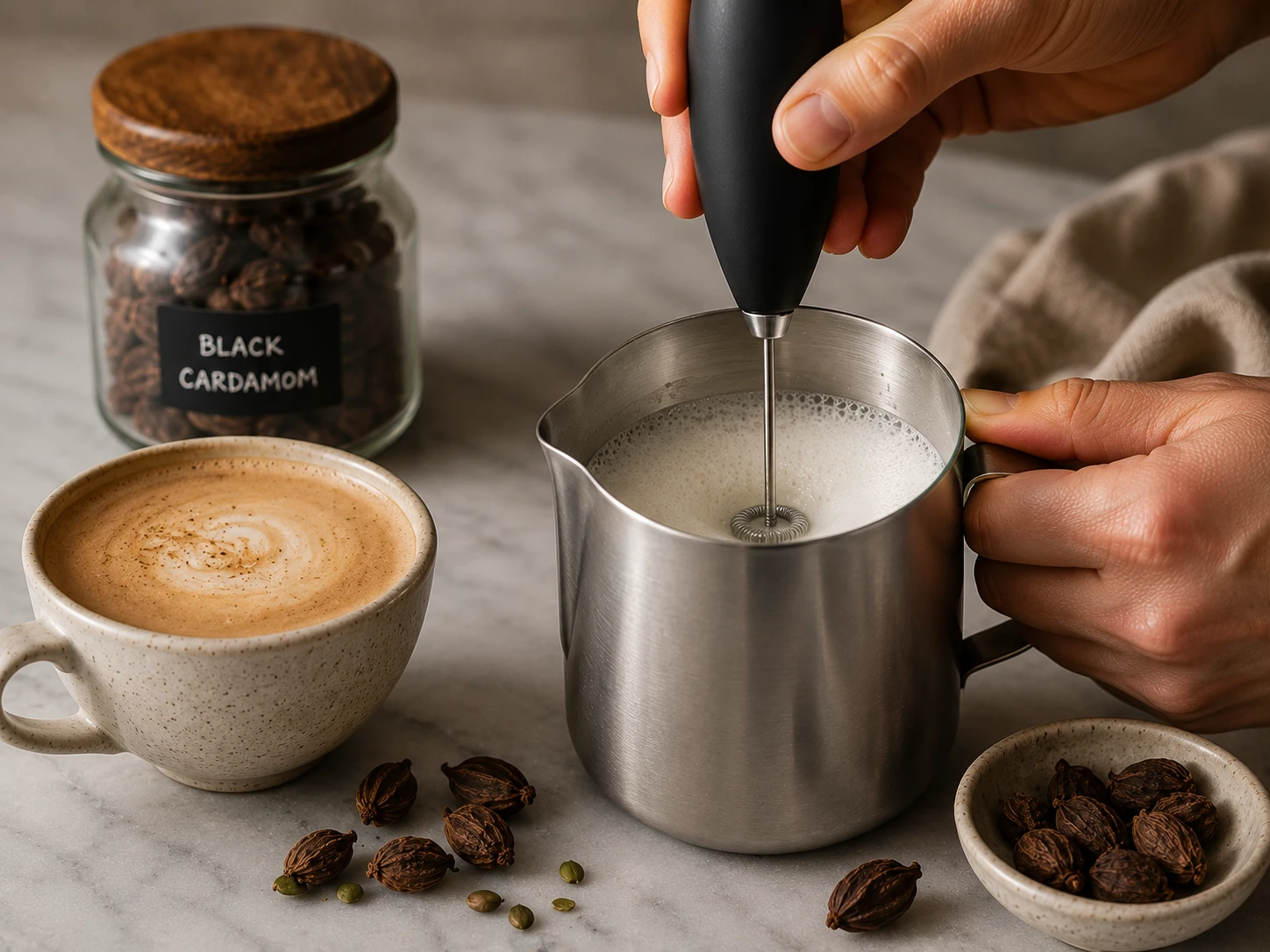Frothing milk with handheld frother for cardamom latte