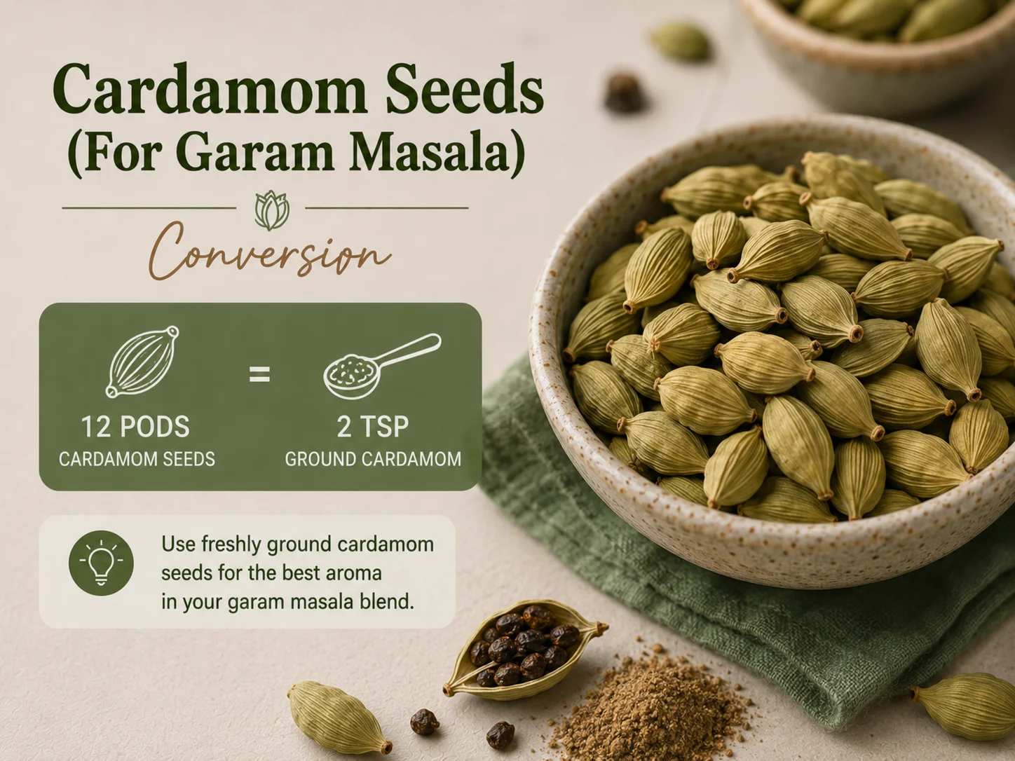 Cardamom seeds for garam masala blend — 12 pods equals 2 teaspoons ground cardamom