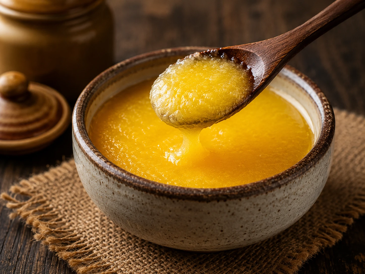 Golden ghee in a ceramic bowl