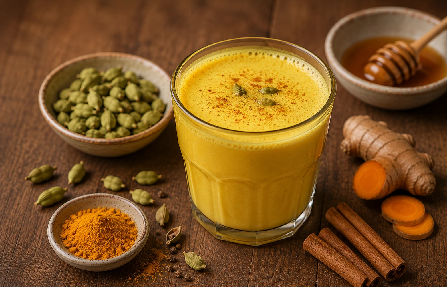 Goldene Kardamom Milch mit Kurkuma im Glas