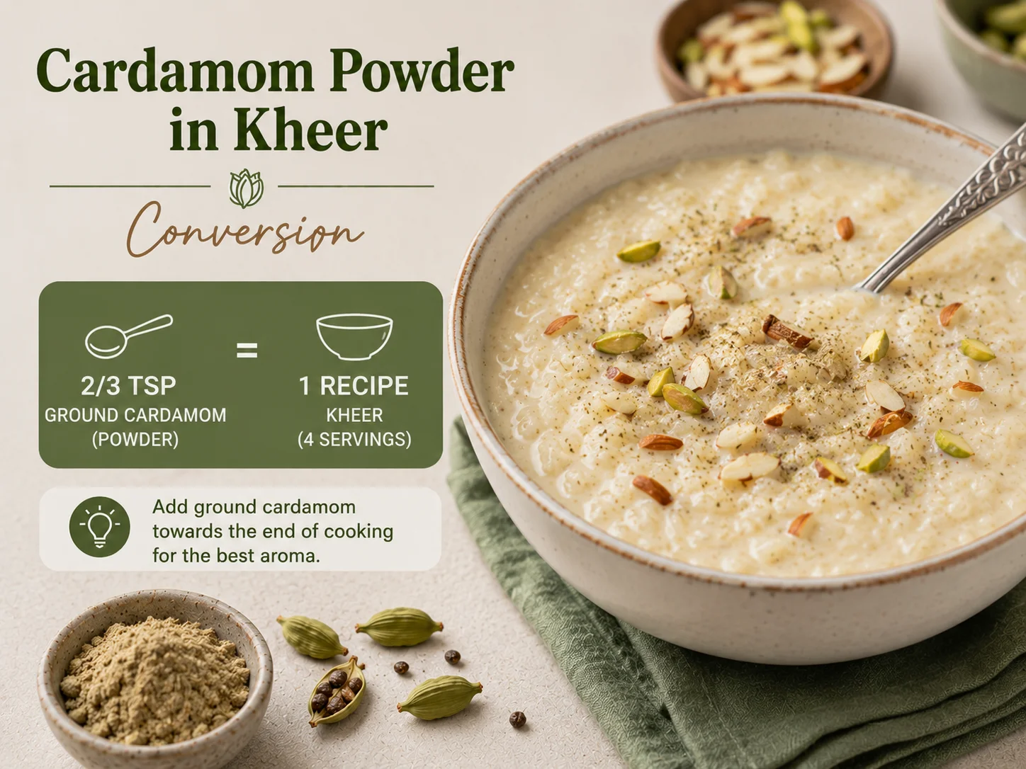 Ground cardamom powder added to kheer rice pudding with cardamom seeds to ground conversion measurement