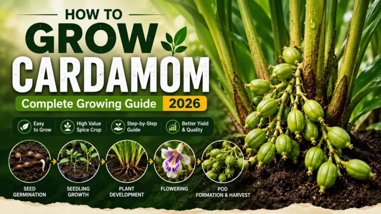 Complete guide to growing cardamom plants showing seed germination healthy green foliage flowering and green pods in tropical growing conditions