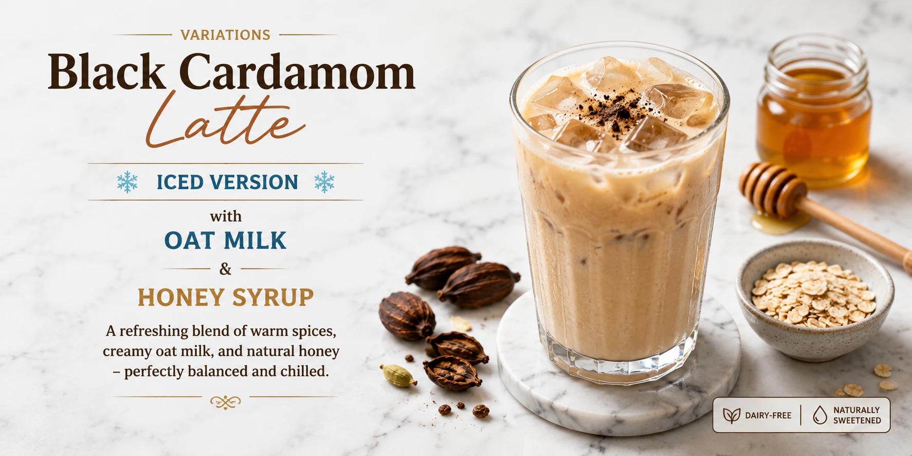 Black cardamom latte variations — iced version with oat milk and honey syrup on marble surface