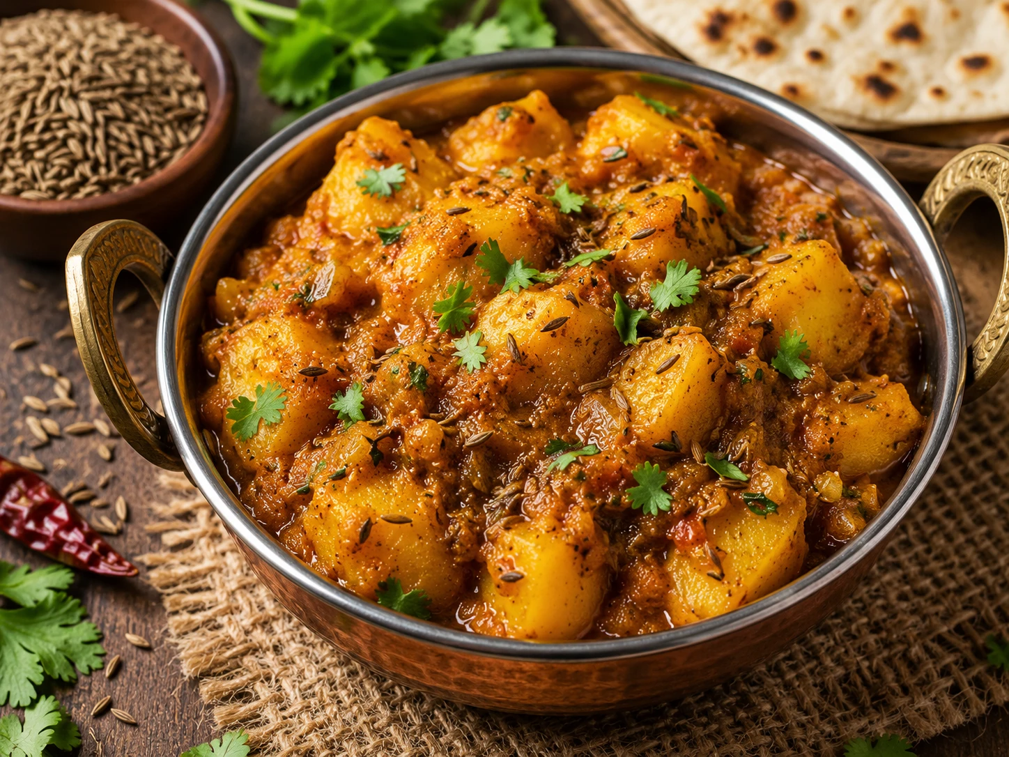 Indian potato curry dish seasoned with cumin seeds and garnished with fresh cilantro