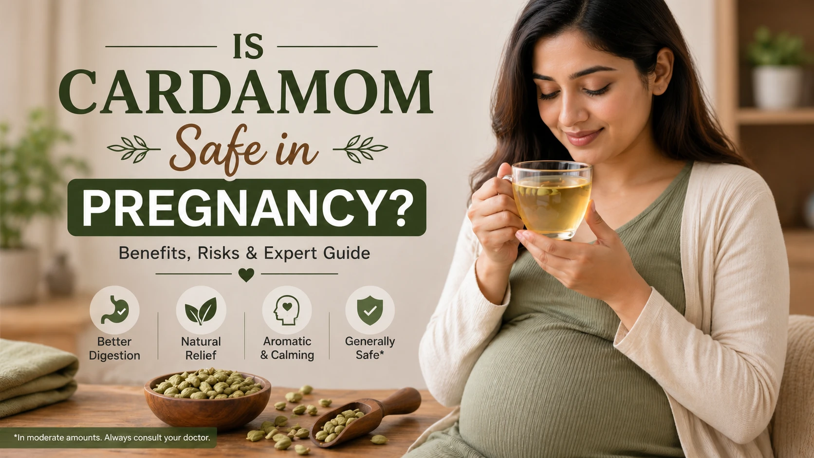 Pregnant woman holding a warm cup of cardamom (elaichi) tea with green cardamom pods on a wooden table — is cardamom safe during pregnancy guide