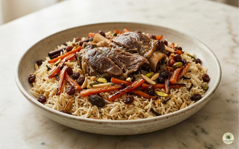 Kabuli pulao Afghan national dish recipe card photo showing lamb, caramelised carrots, raisins and fluffy sella basmati rice