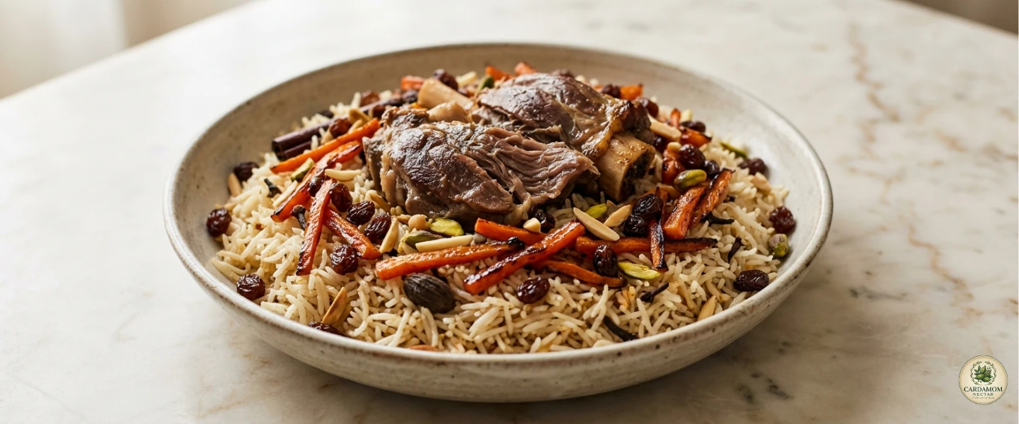 Kabuli pulao Afghan national dish platter with caramelised carrots, raisins, toasted almonds and tender lamb on fluffy sella basmati rice