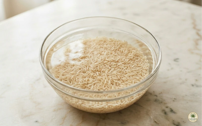 Sella basmati rice soaking in cold water for kabuli pulao — grains turning opaque as they rehydrate