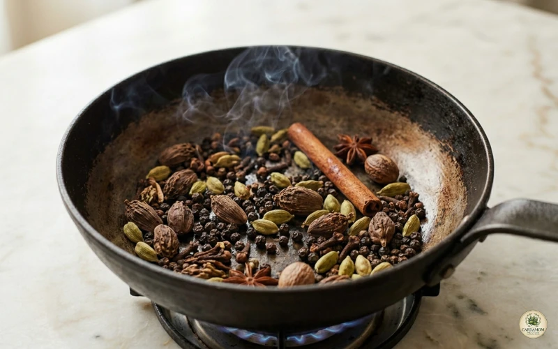 Toasting char masala spices in dry pan — black cardamom, cinnamon, cloves, cumin, peppercorns releasing volatile oils