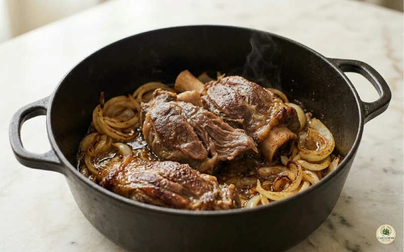 Deep golden brown onions browning in Dutch oven before searing lamb for kabuli pulao qorma