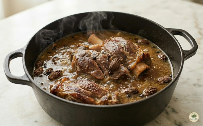 Lamb simmering in spiced broth with whole black cardamom pods for kabuli pulao qorma