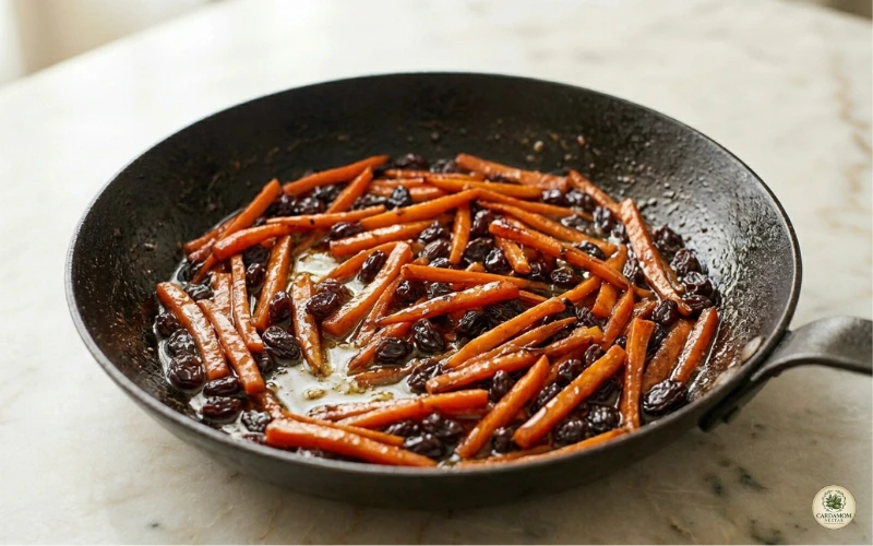 Caramelising julienned carrots and raisins in pan for kabuli pulao topping — glistening and golden