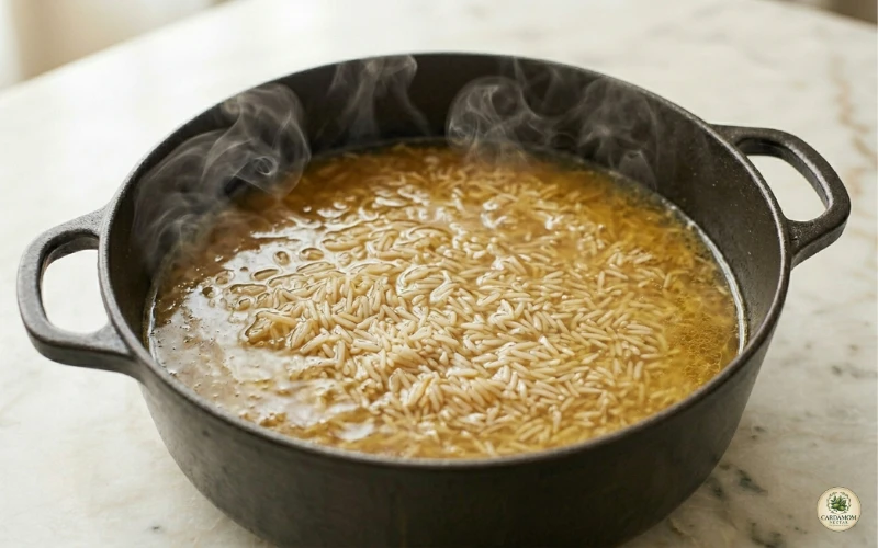 Parboiling sella basmati rice in spiced lamb stock with black cardamom for kabuli pulao — grains just al dente