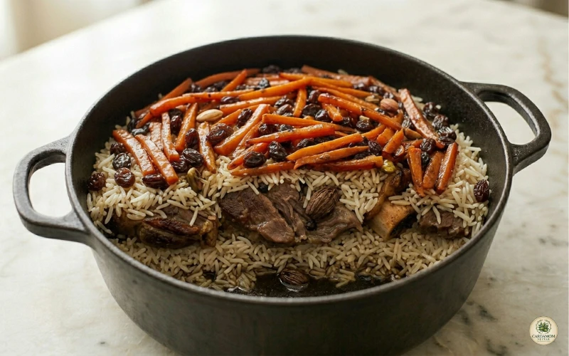 Layering kabuli pulao in pot with rice, lamb, caramelised carrots and raisins before final dum steam