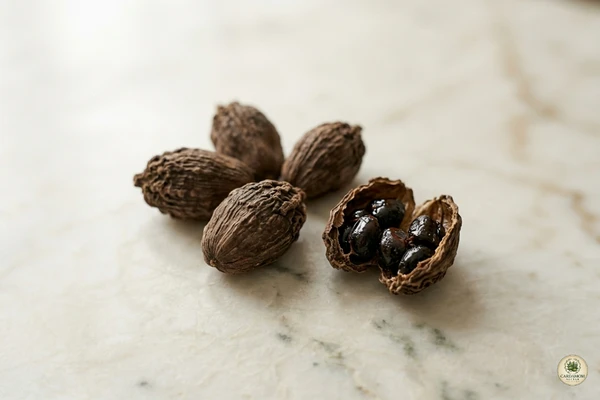 Whole and split black cardamom pods showing seeds inside — the key spice for kabuli pulao char masala