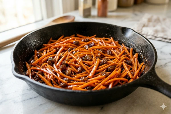 Caramelised julienned carrots in pan glistening with natural sugars for kabuli pulao topping