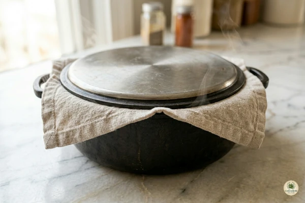 Kitchen towel wrapped under pot lid for dum steam method in kabuli pulao — prevents condensation dripping