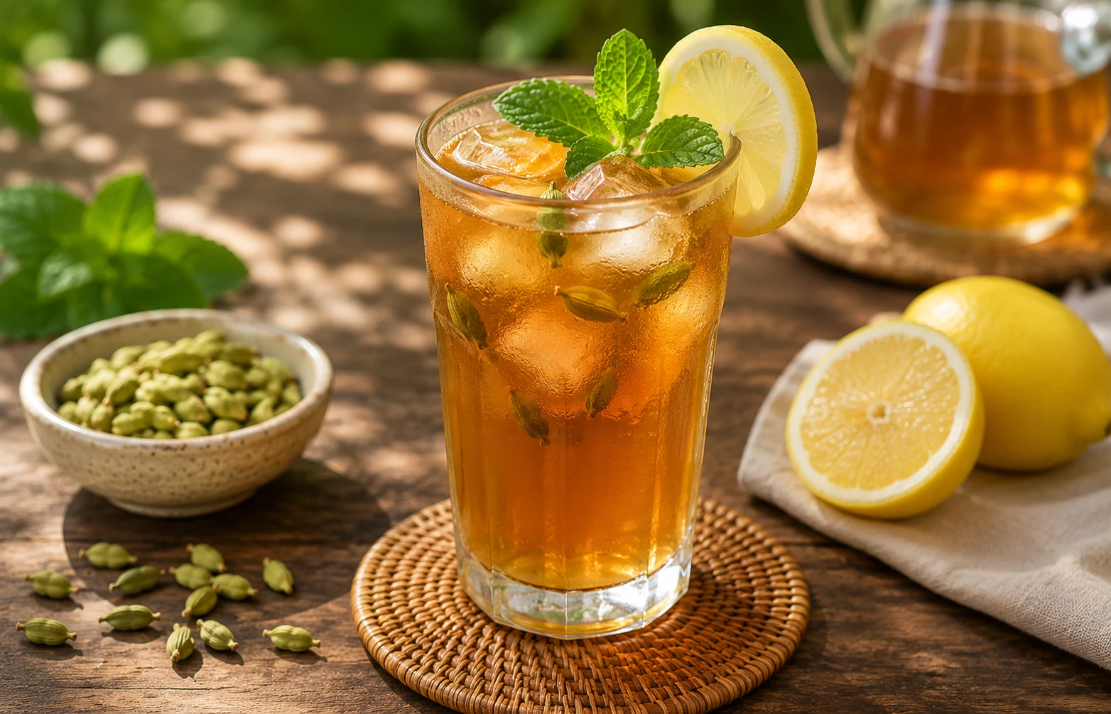 Eisgekühlter Kardamom Tee mit Eiswürfeln im Sommer