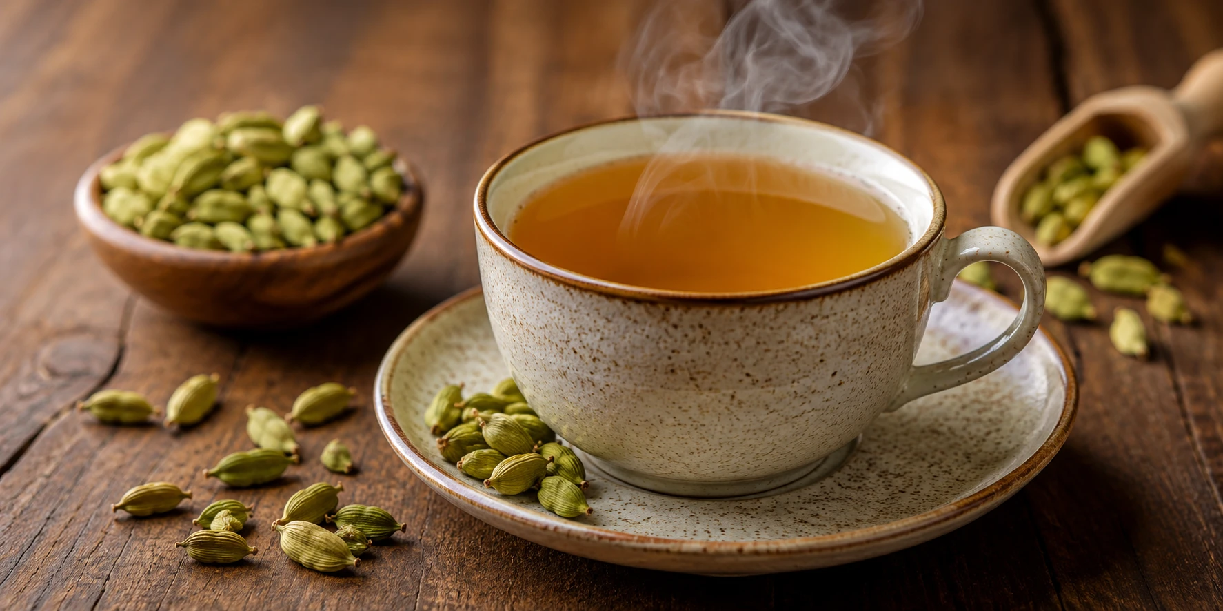 Dampfende Tasse Kardamom Tee mit grünen Kapseln auf Holztisch