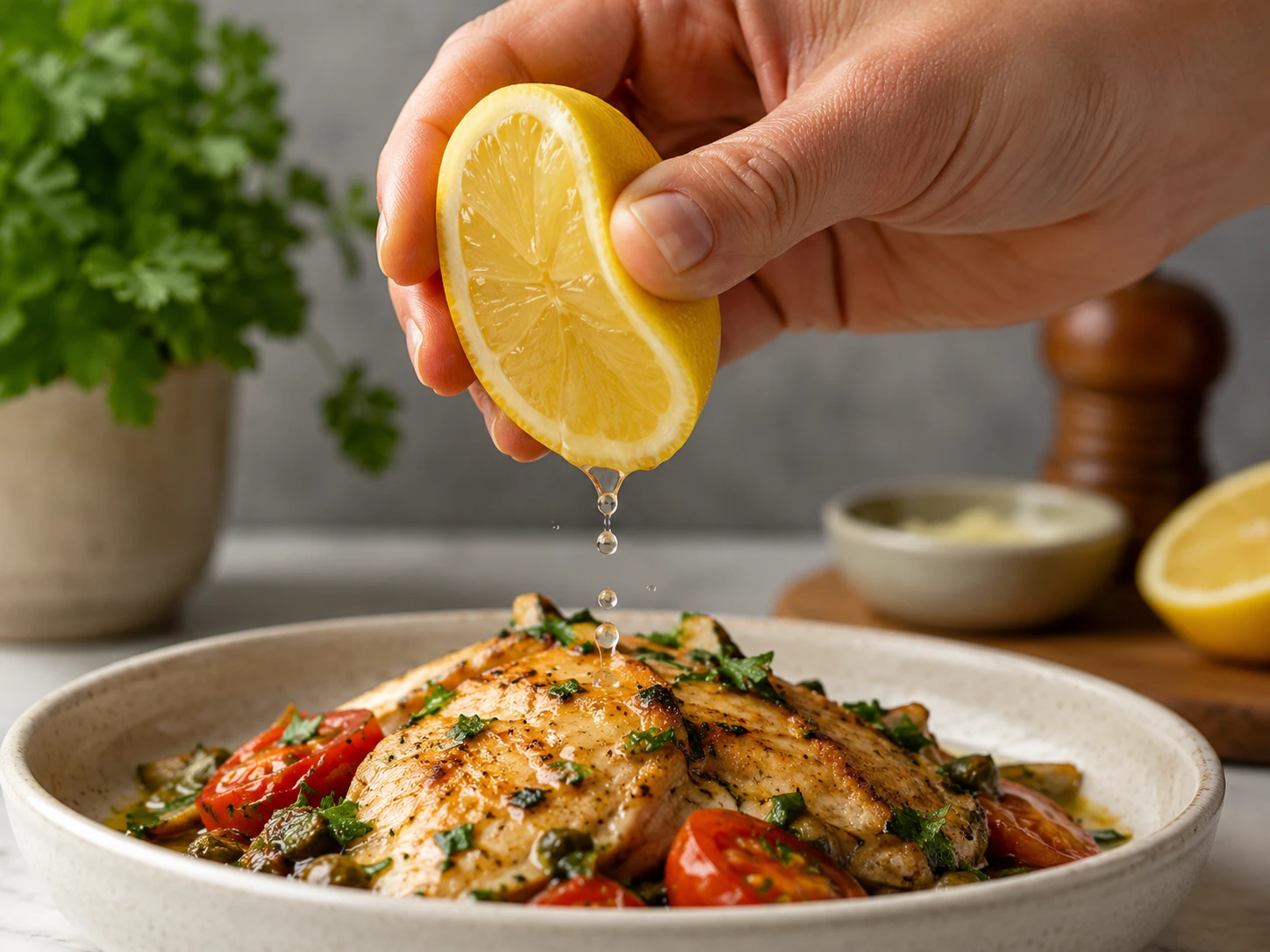 Lemon being squeezed over a dish