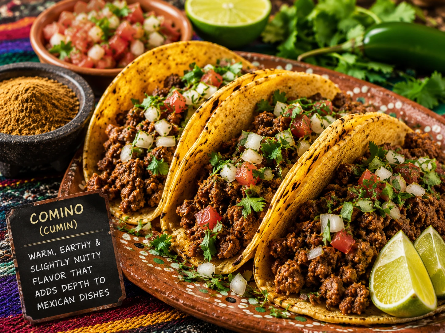 Mexican beef tacos seasoned with comino cumin spice topped with onion cilantro and lime