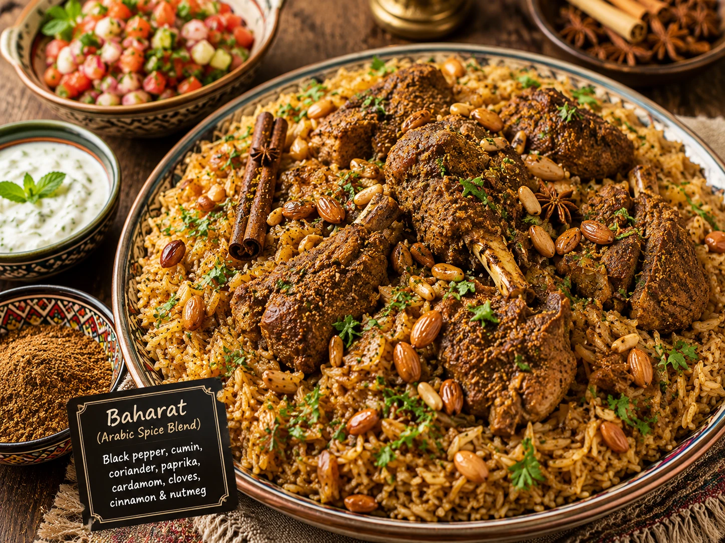 Middle Eastern Arabic rice and meat dish seasoned with baharat spice blend containing cumin