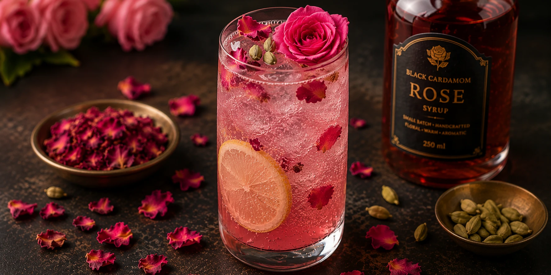 Rose cardamom mocktail spritz with sparkling water and fresh rose garnish in tall glass