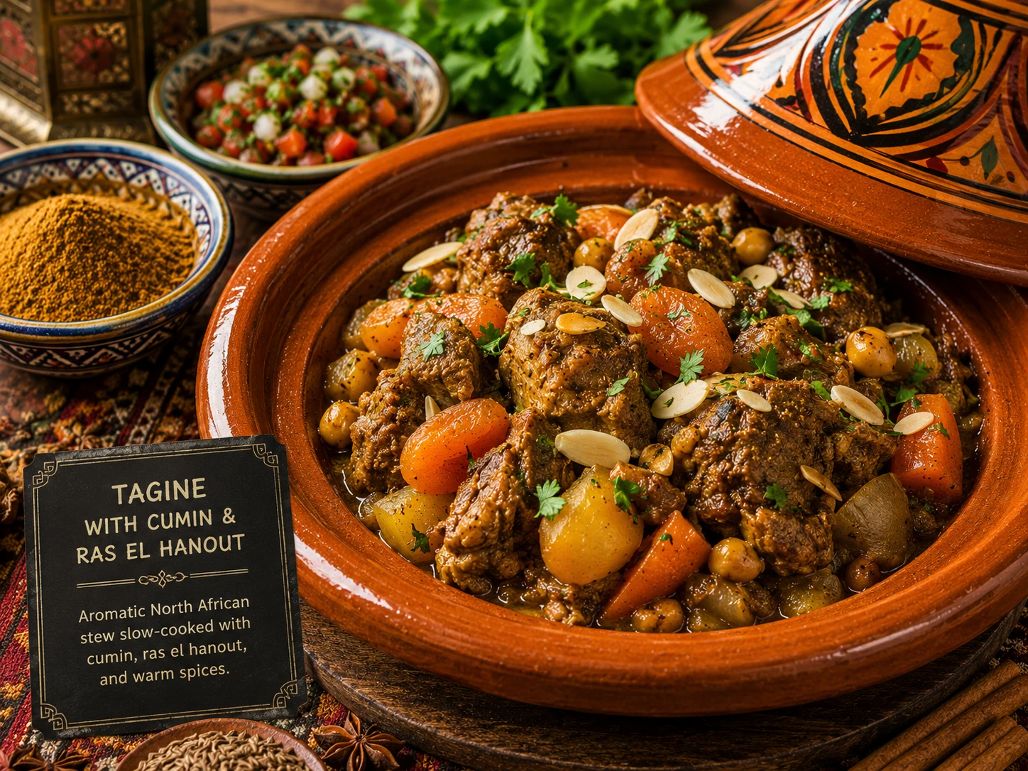 Moroccan North African tagine cooked with cumin and ras el hanout spice blend