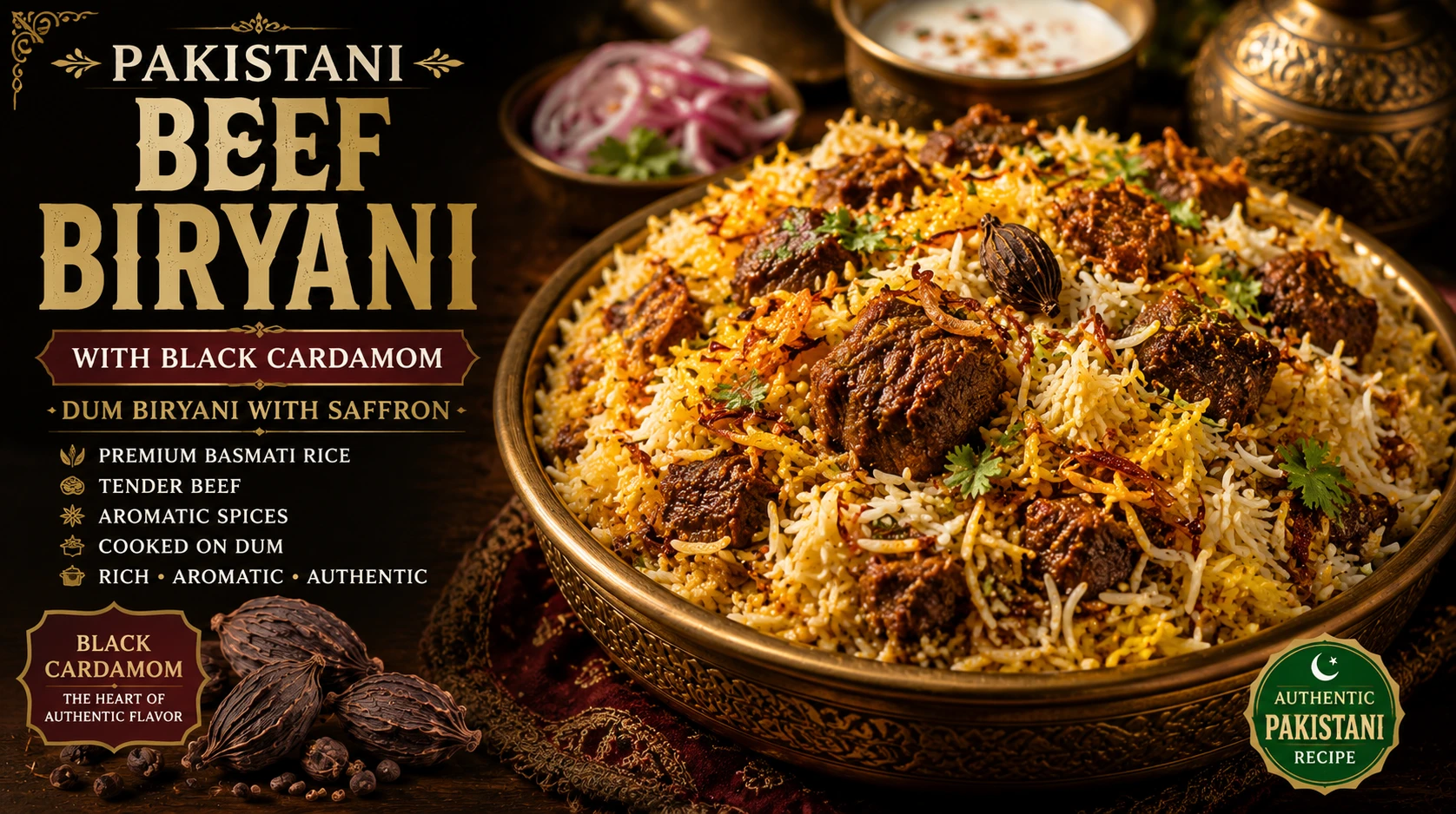 Pakistani beef biryani with black cardamom — dum biryani with saffron