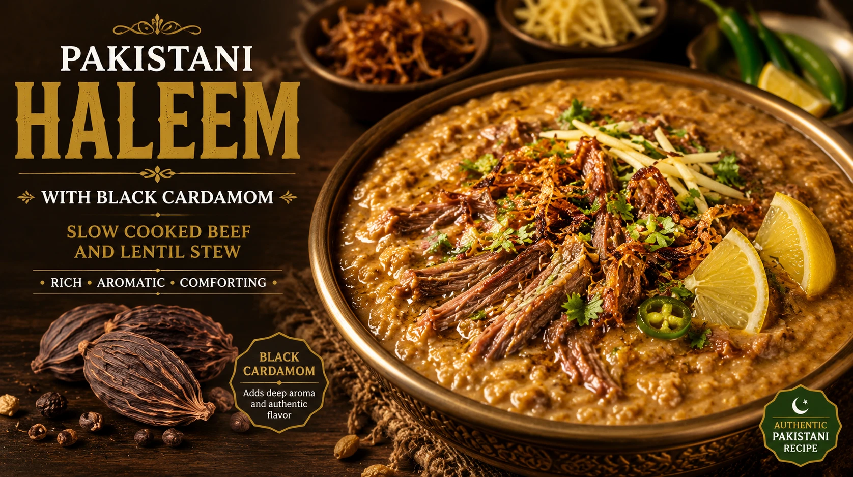 Pakistani haleem with black cardamom — slow cooked beef and lentil stew