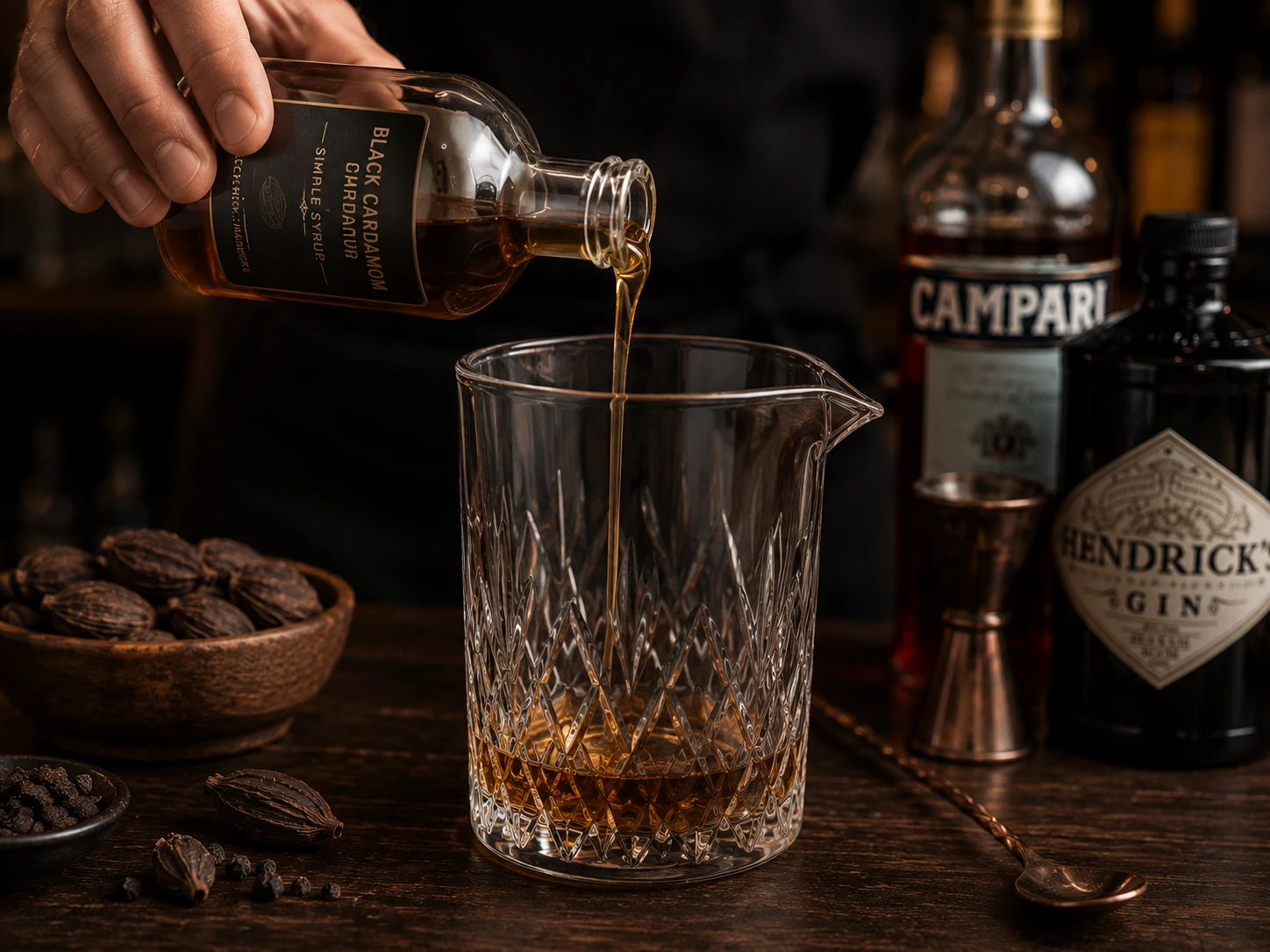 Pouring black cardamom simple syrup into a mixing glass