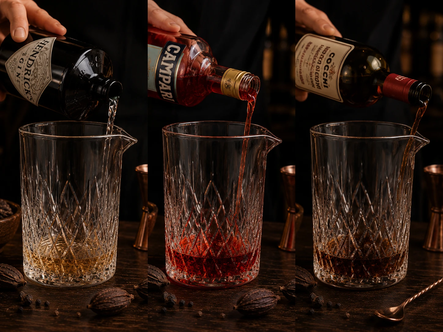 Pouring gin, Campari and sweet vermouth into mixing glass